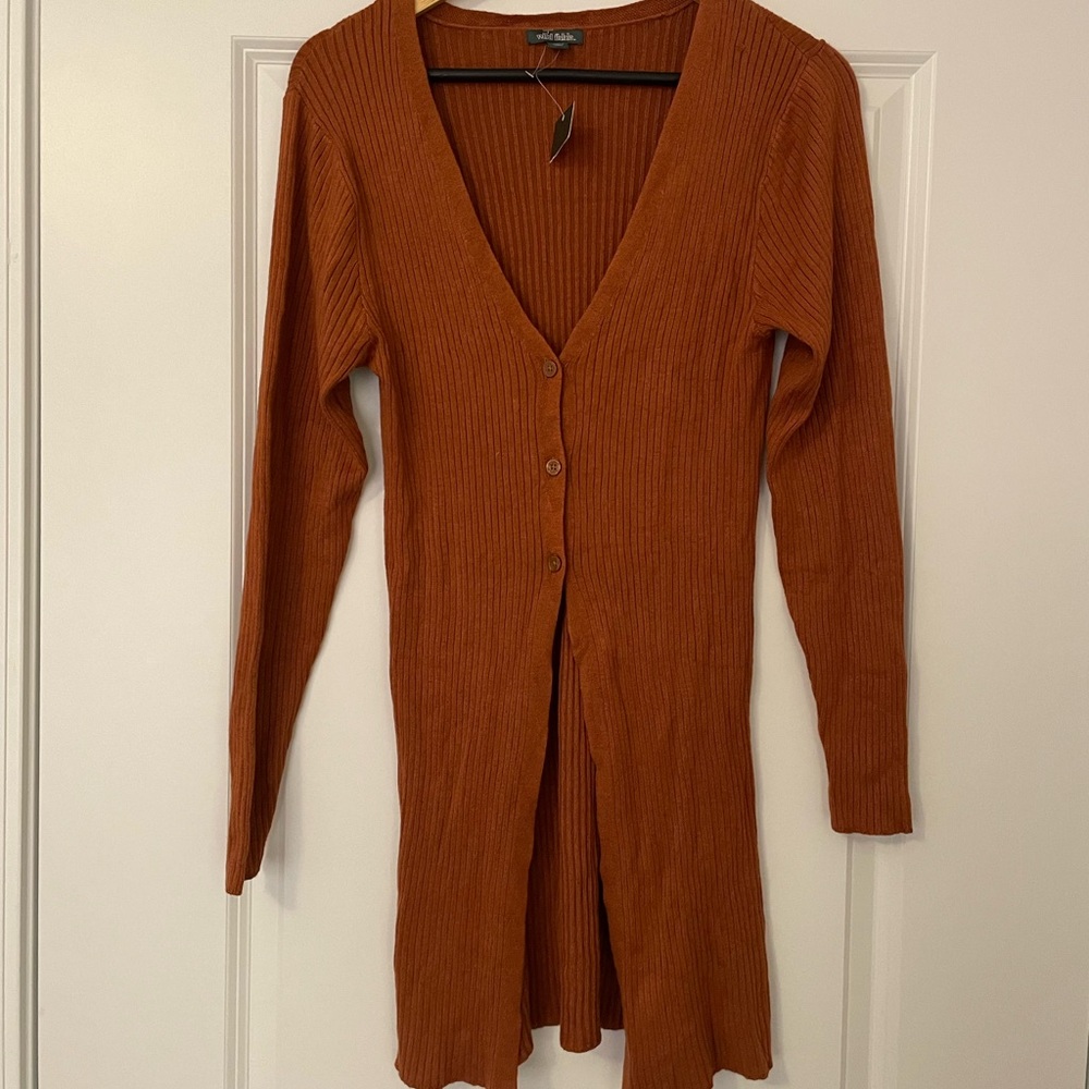 NWT Wild Fable Rust Ribbed Open Front Split Long Line Cardigan Sweater - Picture 2 of 7